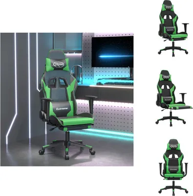 Image de vidaXL Chaise de jeu avec massage & repose-pieds Noir & Vert Similicuir - Fauteuil de jeu
