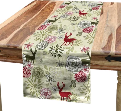 Produktbild von ABAKUHAUS Winter Tischläufer, Rotwild-Schattenbilder mit blühenden Blumen Abstrakte Weihnachtsnatur, 40 x 180 cm, Olivgrün Hellgrün