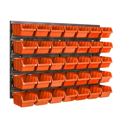 Zdjęcie produktu dla Naścienny panel narzędziowy 58 x 39 cm z 35 szt. Wiszące pudełko plastikowe pomarańczowe