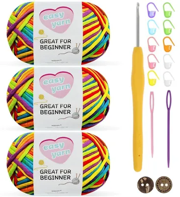 Productafbeelding van Hekelgaren set: 3 x 50 gram katoen, geschikt voor beginners, met een haaknaald van 3,5 mm, in regenboogkleuren