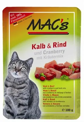 Produktbild von MAC's POUCH PACK KALB & RIND UND CRANBERRY MIT KRÄUTERMIX, Adult, jede Rasse, Rind, Cranberry, Kalbsfleisch, 100 g, Getreidefrei