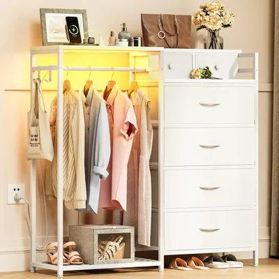 Kommode mit Kleiderstange, LED, 6 Schubladen, Stoff, 110x30x106 cm