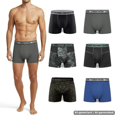 Imagen del producto de Pantalones boxer para hombre Sergio Tacchini, set de 6 unidades – Colección Riviera Drive – 95% algodón, 5% Elasthano – Estilo, comodidad y ajuste en diseño italiano – Ropa interior para hombre en , azul y gris antracita, Imagen generada por IA