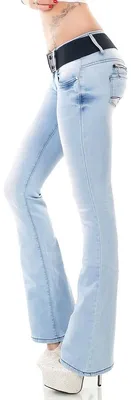 Zdjęcie produktu dla Spodnie damskie marki Trendstylez, model slim fit, z domieszką Elasthanu, fason bootcut, kolor Ice B