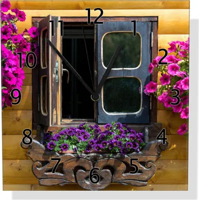 Produktbild von Wallario Design Wanduhr Fenster mit Blütenpracht aus Echtglas, Größe 30 x 30 cm