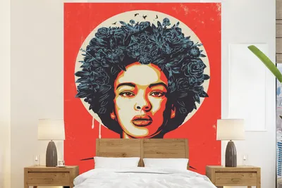 Obrázok produktu pre MuchoWow® fototapeta do obývačky alebo spálne tapeta vinylový motív tapety žena - kvety - červená - retro - 225x280 cm - tapeta do obývačky