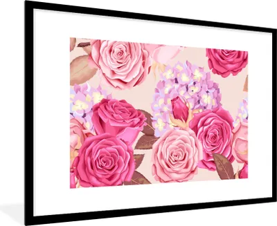 Produktbild von MuchoWow® Gerahmtes Poster Rosen - Hortensien - Blumen - Rosa 90x60 cm - Poster mit Schwarzem Bilderrahmen Wandposter Rahmen Foto Bilder - Wanddekoration - Fotos