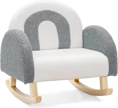 A child's rocking chair with a rainbow design.