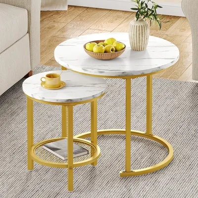 Produktbild von Balconera Couchtisch 2er Set Rund stapelbar mit Stauraum Holzplatte & Metallrahmen