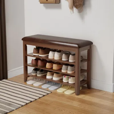 Zdjęcie produktu dla Ławka do przedpokoju z poduszką, 3 półki, wymiary 80 cm, wykonana z drewna orzechowego i pokryta sztuczną skórą (PU), maksymalne obciążenie do 226 kg