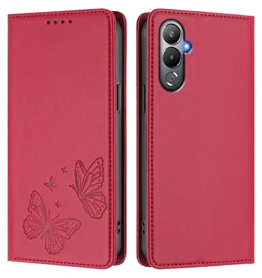 Produktbild von Lederhülle für Tecno Pova 4, Schmetterling Prägung Leder Brieftasche Schutzhülle mit Ständer Rot