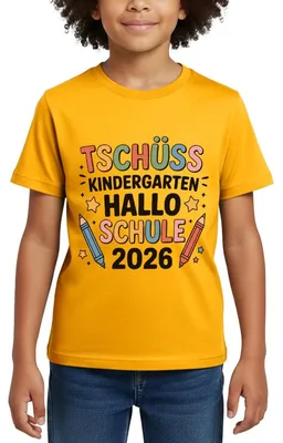 Produktbild von Spreadshirt Tschüss Kindergarten Hallo Schule 2026 Kinder T-Shirt, 98/104 (3-4 Jahre), Gold
