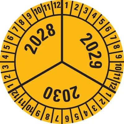 Produktbild von Dreifke® Prüfplakette 2028-2030, gelb, Dokumentenfolie, selbstklebend, Ø 40mm...
