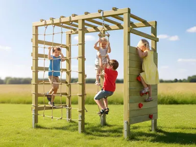 Produktbild von Belladoor Braun Grün Rex Klettergerüst, Kletterturm mit Rutsche Schaukel Korb Schaukel und Sprossenwand, Spielturm aus Kiefernholz, Garten Spielgerät für Kinder