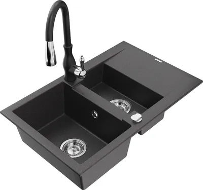 Produktbild von Mexen Gaspar 1,5-Becken-Granitspüle mit Abtropffläche und Mischbatterie Savita, Schwarz gesprenkelt - 6507-76-672601-70