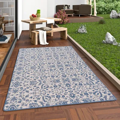 Produktbild von In- und Outdoor Teppich Beidseitig Newport Blau Blumen, Größe:400x500 cm