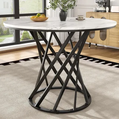 Image de Table à manger ronde - Table de cuisine - Ø 80 cm, hauteur 76 cm - Plateau en MDF aspect marbre - Pieds en métal - Pour 4 personnes - Noir