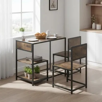Image de Ensemble de table à manger en 3 pièces avec cadre métallique et dossier bas, couleur marron
