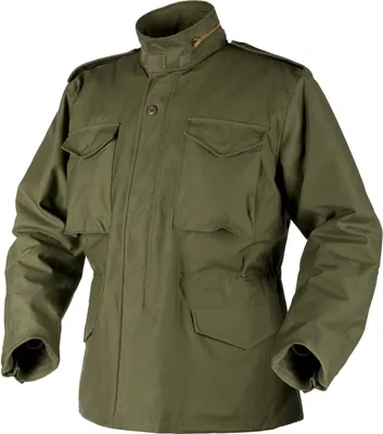 A studio shot of a green military-style jacket.