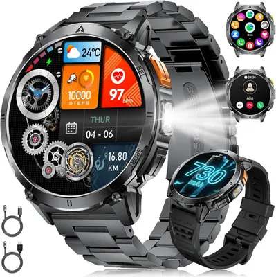 Produktbild von Herren-Smartwatch mit Bluetooth-Anrufen 3 ATM Wasserdichtigkeit LED-Taschenlampe, über 110 Sportmodi, Herzfrequenzmessung, Schlafüberwachung, SpO2