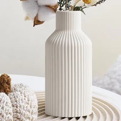 Keramikvase 20 cm, weiße Boho-Dekovase für Blumen