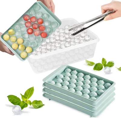 Produktbild von Runde Eiswürfelform mit Deckel und Eimerkugel für Gefrierschrank, 99 Stück, Kugelform, Eisbehälter und Zange