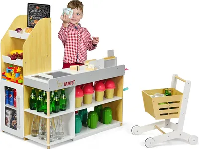 Produktbild von Supermarket mit Einkaufswagen & Kasse & Kreidetafel & Holzwährung, Kaufladen aus Holz, Kaufmannsladen für Kinder ab 3 Jahren
