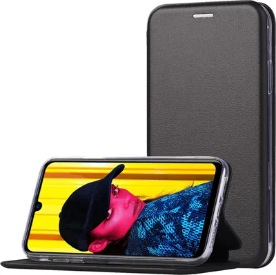 A black flip case for a smartphone is shown standing upright, with a smartphone displaying an image of a person inside the case.