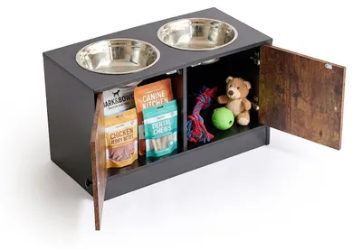 Produktbild von Relaxdays Futterstation Hund, 2 Näpfe, Stauraum, HBT: 35,5 x 60 x 30 cm, erhöhte Hundebar, MDF, Edelstahl, schwarz/braun