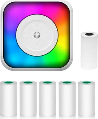 Obrázek produktu pro Mini termotiskárna, samolepkovač se světlem RGB, okamžitý tisk fotografií přes Bluetooth, s 1 rolí termopapíru 57 mm + 5 rolí samolepicího papíru