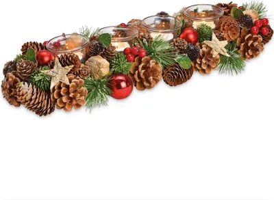 Produktbild von Holz-Deko Adventsgesteck 40 cm Teelicht-Halter rot braun