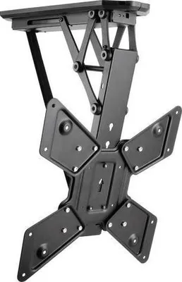 A black ceiling mount for a television. The mount is suspended from a flat surface and features a scissor-like mechanism for height adjustment.