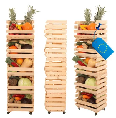 Produktbild von MODO24 Gemüseregal Holz, 5 Holzkisten, Kartoffelsteige, Obstregal, Rollenregal, Stapelbar, Vorratsregal, Massivholz Kiefer, 132x37x30 cm, Natur, RAWA