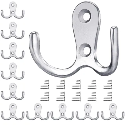 Produktbild von Silberne Garderobenhaken, 10 Stück, Vintage-Garderobenhaken mit Schrauben, doppelte Metallhaken, Wandhaken für Bad und Küche (Silber, 10 Stück)
