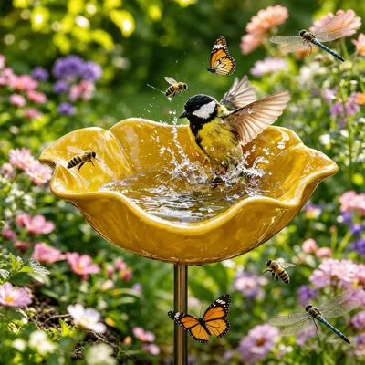 Produktbild von INF Metall-Blumen-Gartenstecker Gelb 15x15x60cm Vogelbad und Futterstelle