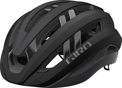 A black bicycle helmet is shown from a three-quarter angle against a white background.