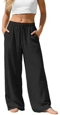 Produktbild von ASKSA Damen Leinenhose Sommer Lang Leichte Hose Musselin Weites Bein Stoffhose Einfarbig Freizeithose mit Taschen Schwarz M