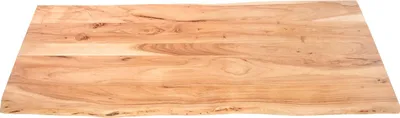 A wooden tabletop with a natural edge, presented on a white background.
