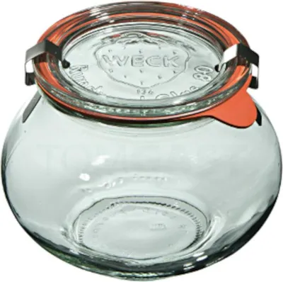 A clear glass jar with an orange rubber seal and silver metal clips.