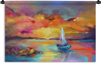 Produktbild von MuchoWow® Wandteppich Wandbehang Malerei - Ölfarbe - Boot - Farben 90x60 cm Tapisserie Dekoration Wandtuch - Wandskulpturen - Bildteppich