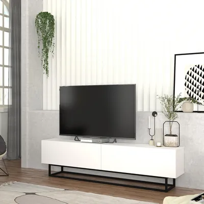 Obrázok produktu pre Nízka TV skrinka "Nolven" s 2 sklopnými dvierkami s krátkym rámom 180 x 32 x 47 cm Biela