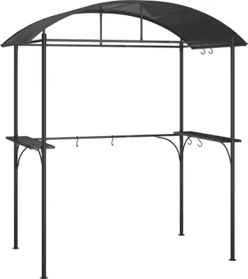A black metal grill pavilion with a curved roof and two side shelves, shown against a white background.