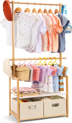 Produktbild von Yorbay Kleiderständer für Kinder aus Bambus für Kinderzimmer und Schlafzimmer Kindergarderobe mit Boxen 74 x 35 x 140cm