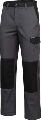 A pair of gray work pants with black accents and knee patches, shown front-on against a white background.