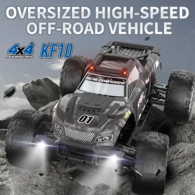 Immagine prodotto di Auto da corsa fuoristrada a controllo remoto, scala 1:10 - Alta velocità - Grigia - Trazione integrale (4WD) - Velocità massima: 50 km/h - Include 3 batterie