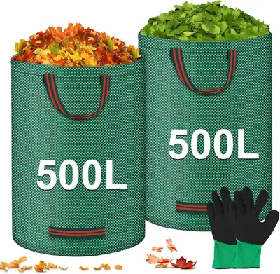 Image de Sacs robustes pour déchets de jardin, 2 x 500 litres, sacs réutilisables avec poignées, incluant 2 paires de gants, autoportants, étanches, pour les feuilles