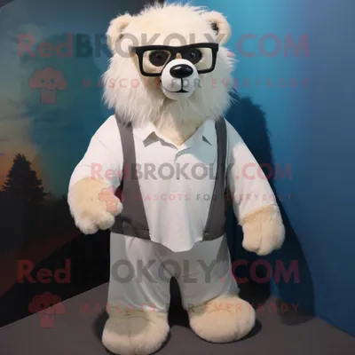 Produktbild von Cremefarbener REDBROKOLY Faultier-Bär Maskottchen Kostüm charakter bekleidet mit einem langärmligen T-Shirt und einer Brille