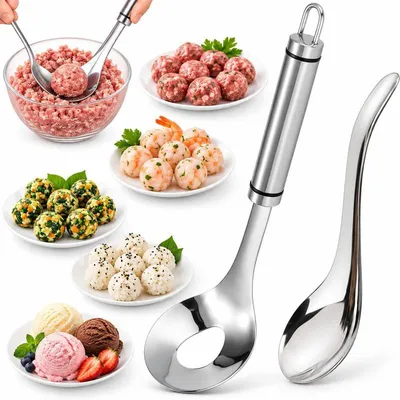 Produktbild von Fleischbällchenformer Edelstahl, Fleischbällchenlöffel mit Hilfslöffel, Hackbällchenformer zum Pressen und Formen, für Fleisch, Garnelen und Gemüse