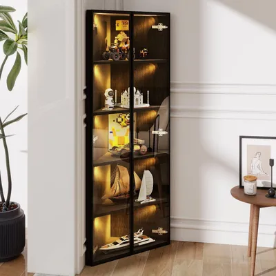 Obrázok produktu pre Sklenené vitríny 62 x 35 x 160 cm, rohová vitrína s LED osvetlením, čierna