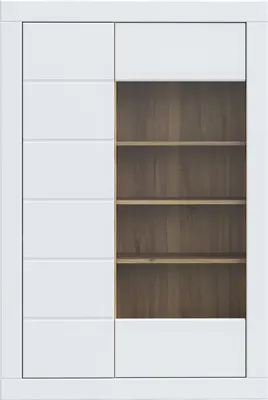 Produktbild von Stauraumvitrine >LEFKADAS< 2 Türen, 7 Böden, Weiss/ Mauvella Eiche Nachbildung - 101x151,2x41,4cm BxHxT